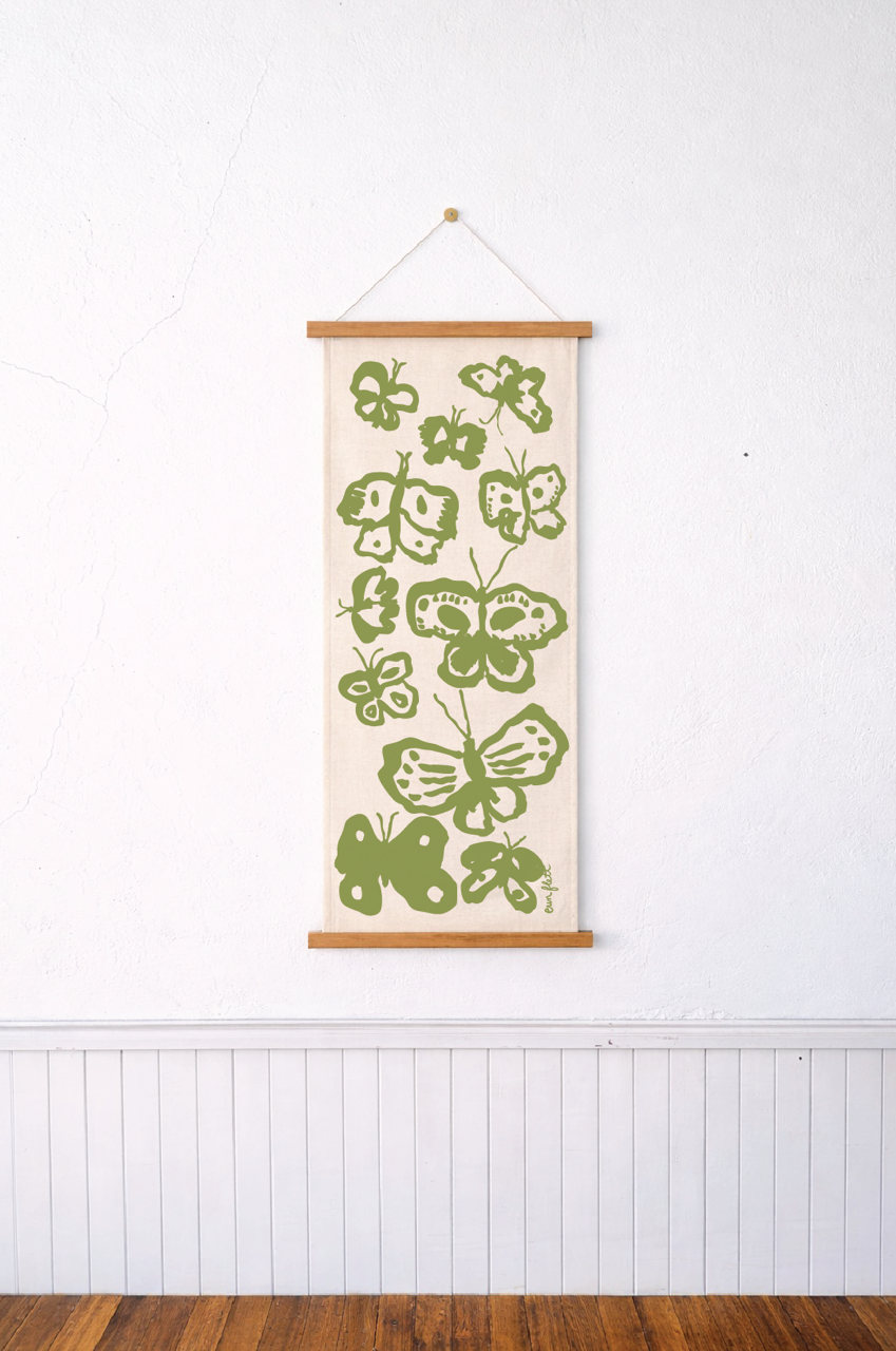 Erin Flett Green Butterflies + Cotton Wall Hanging 18x42 inches