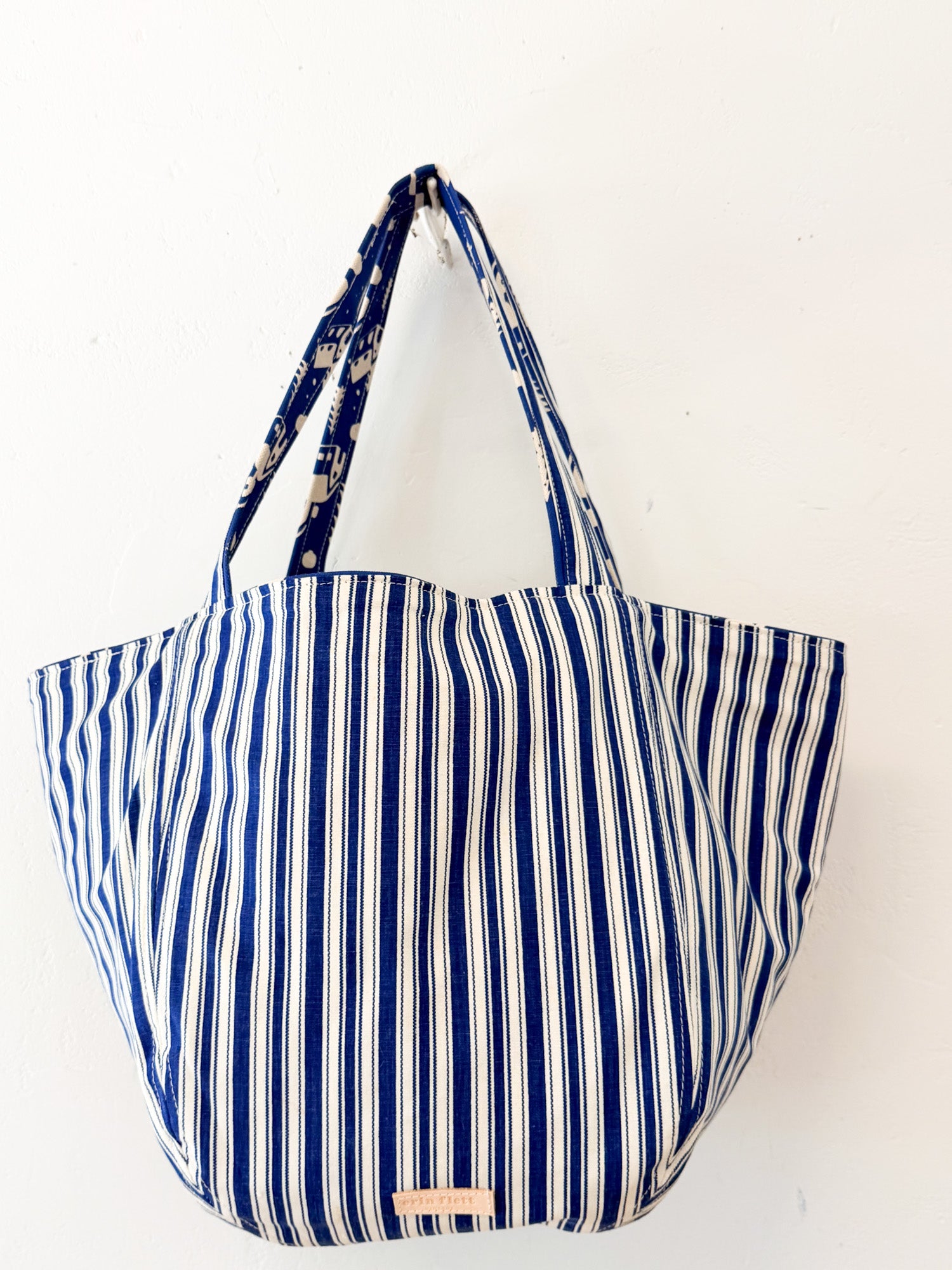 Vintage Navy Ticking Cotton BOHO Tote Bag - WITH Erin Flett print inside