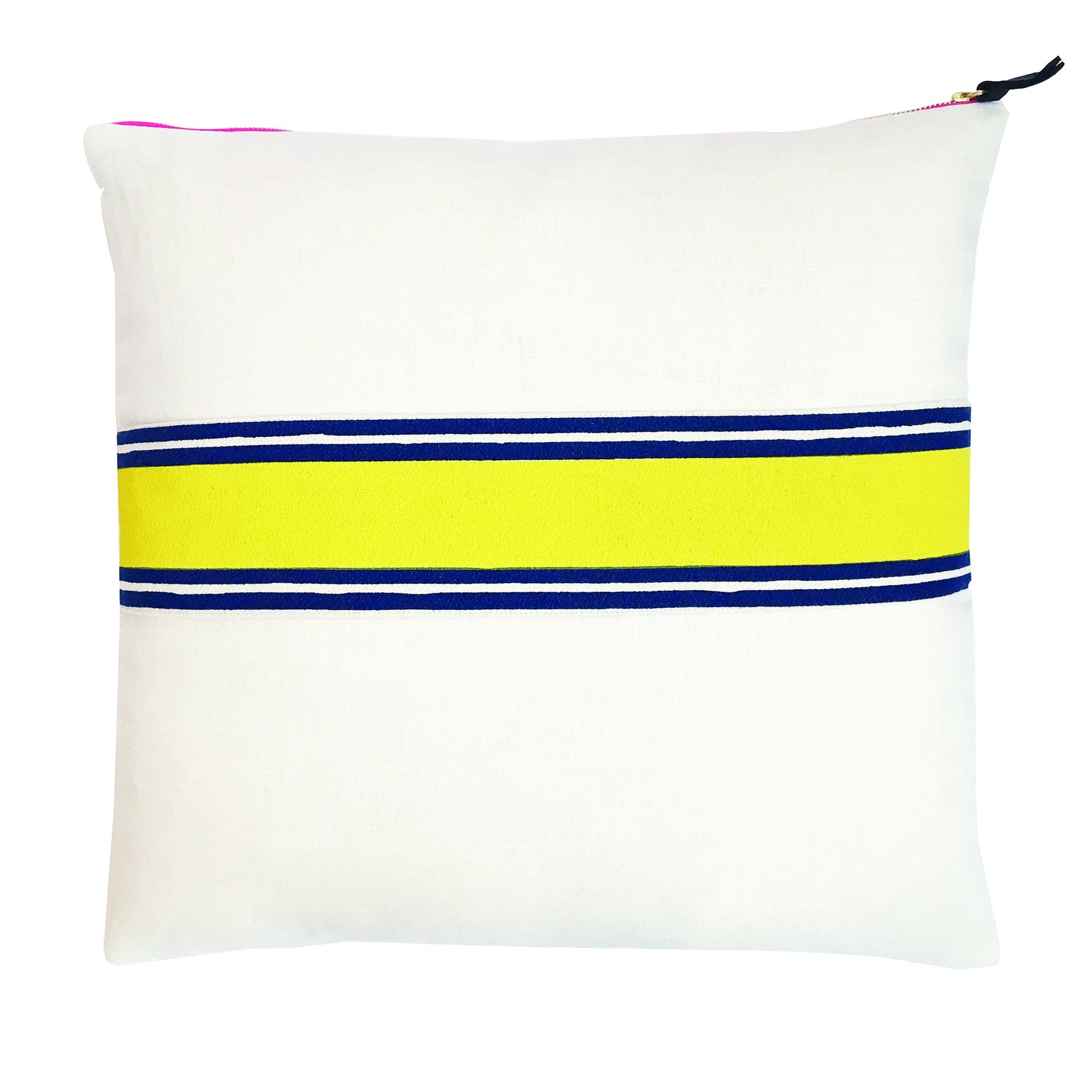 LEMON + NAVY TWO COLOR BAND ON OYSTER LINEN PILLOW