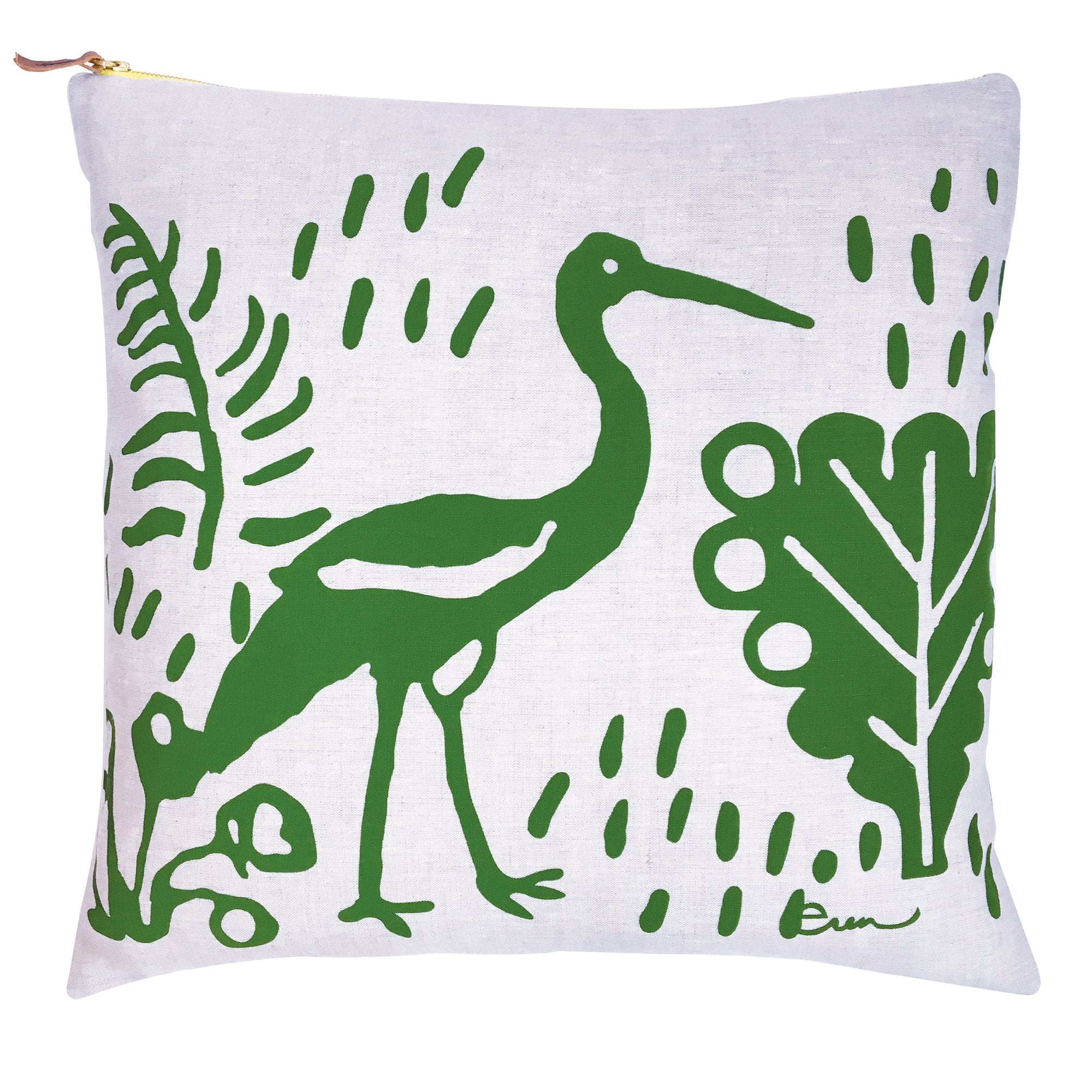 KELLY GREEN CRANE LINEN PILLOW